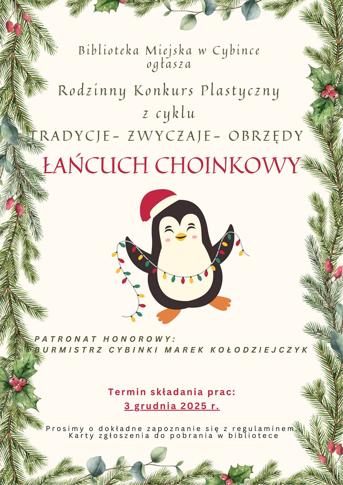 Biblioteka Miasta i gminy Cybinka zaprasza do udziału w konkursie "Łańcuch choinkowy"