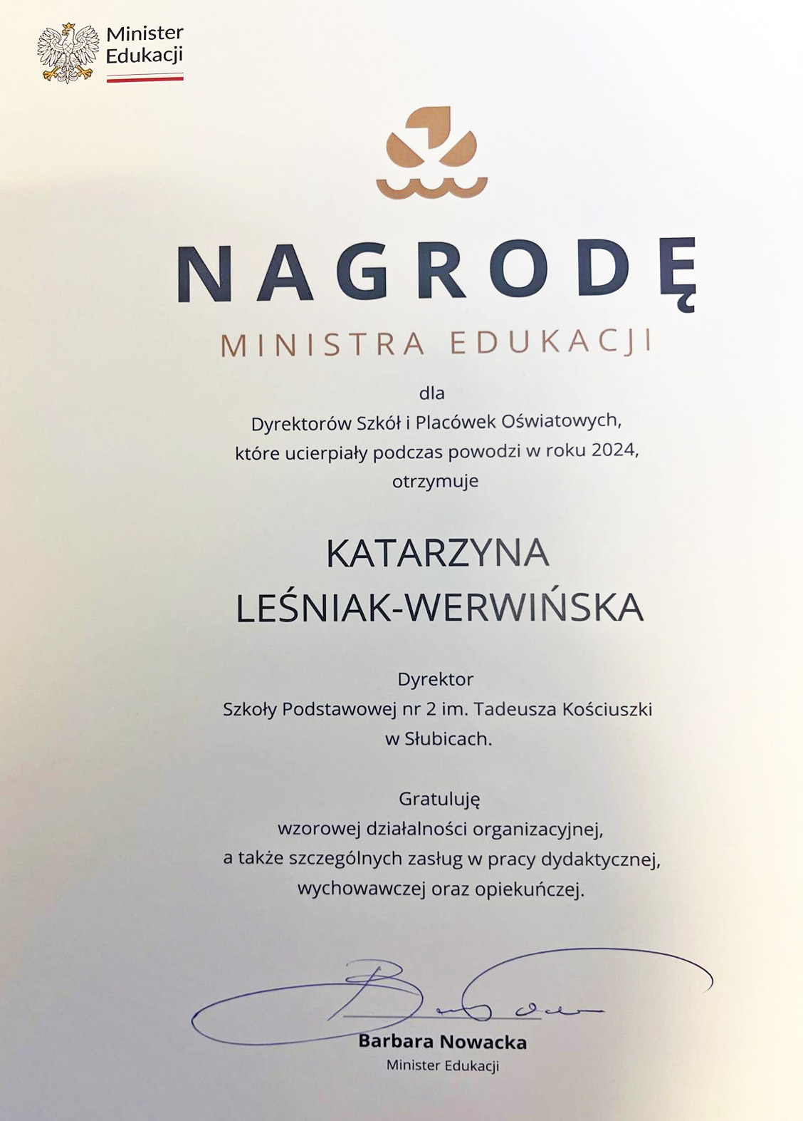 nagroda minister edukacji