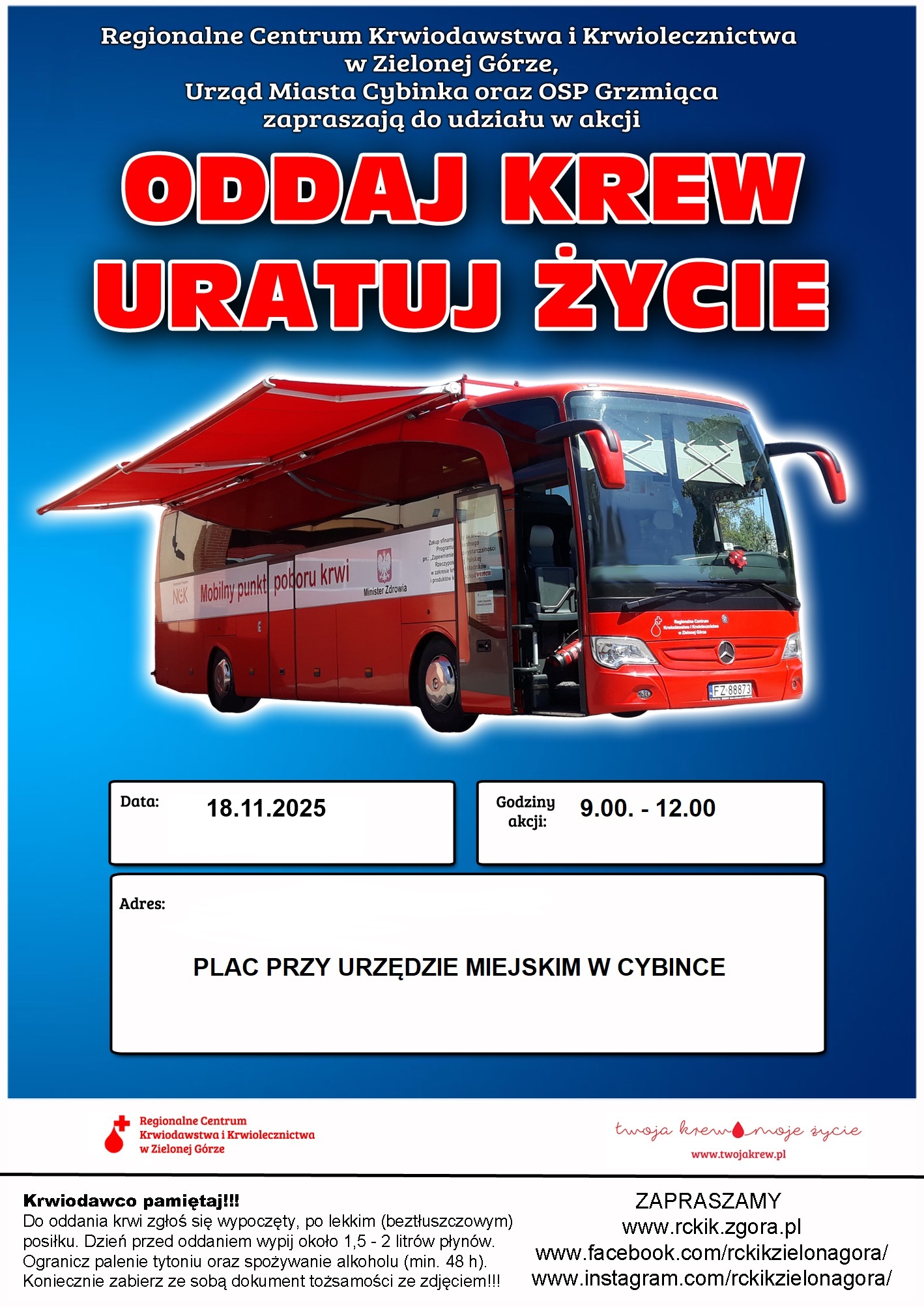 Zbiórka krwi w Cybince. Krwiobus ostatni raz w tym roku ponownie stanie przy urzędzie