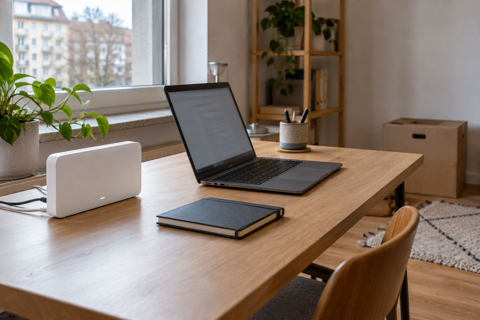 Router i laptop na biurku w mieszkaniu